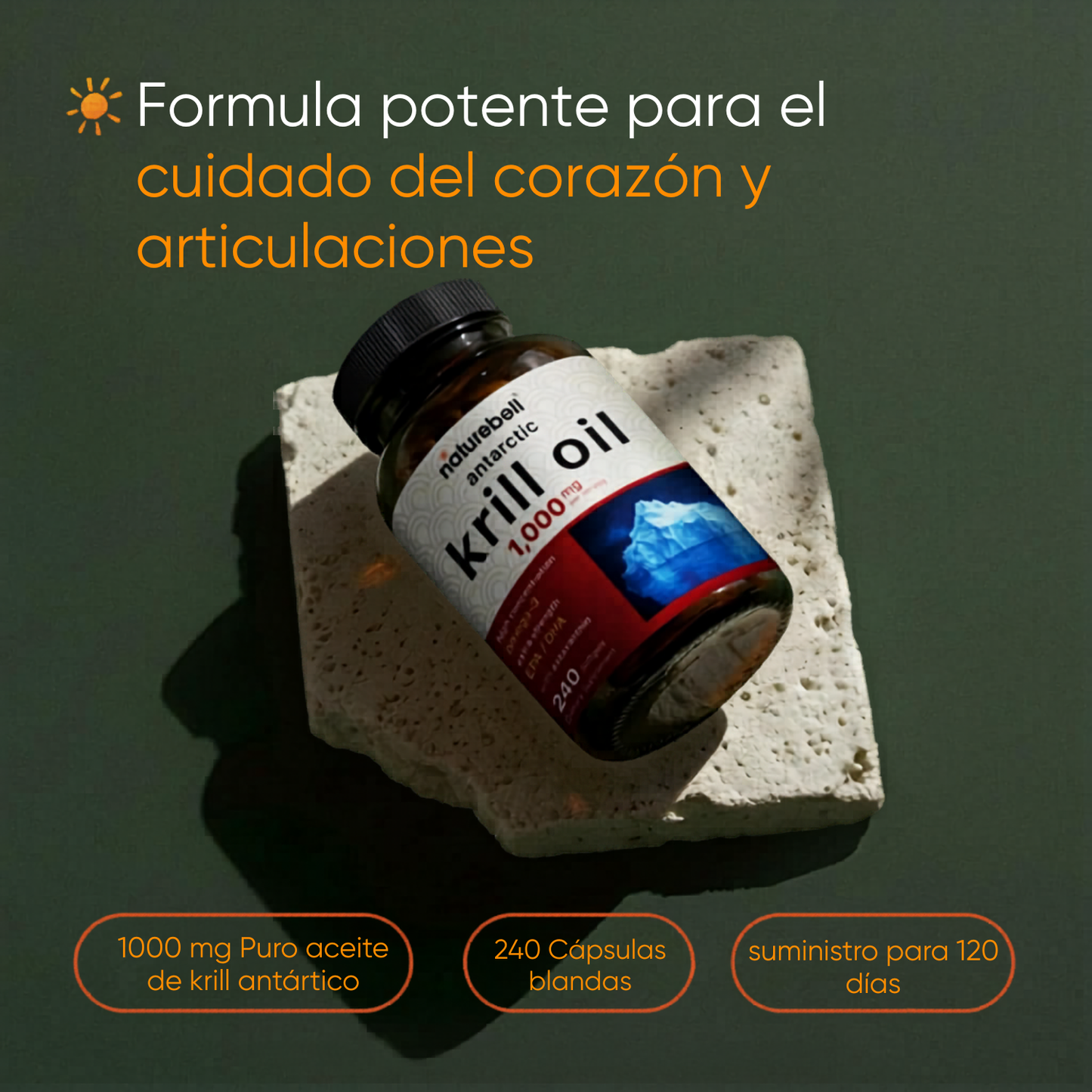 Suplemento de aceite de krill antártico de 1000 mg, 240 cápsulas blandas, fuente natural de omega-3, EPA, DHA y astaxantina.
