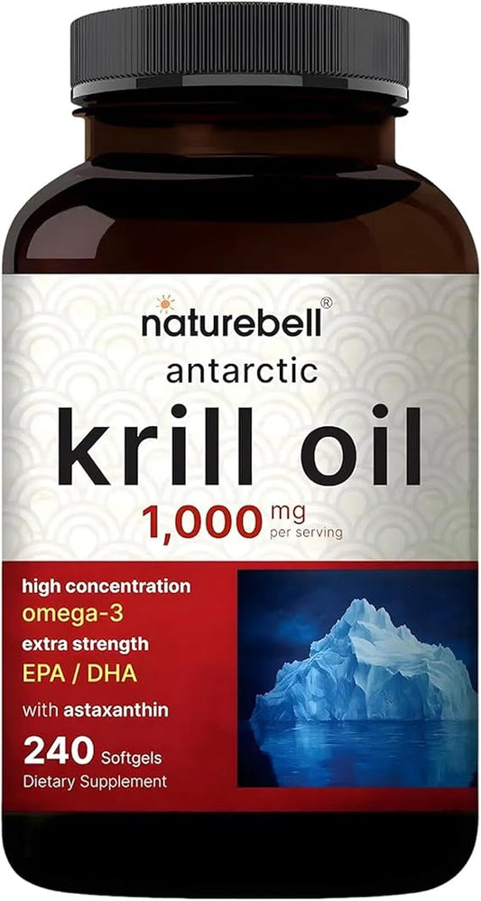 Suplemento de aceite de krill antártico de 1000 mg, 240 cápsulas blandas, fuente natural de omega-3, EPA, DHA y astaxantina.