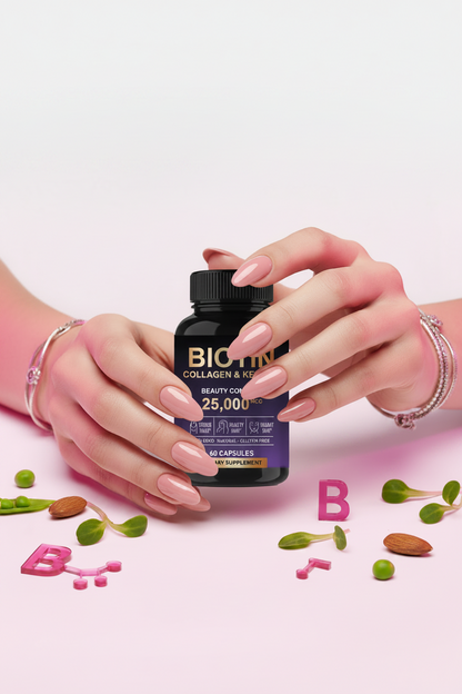 Manos con frasco Biotin Collagen & Keratin